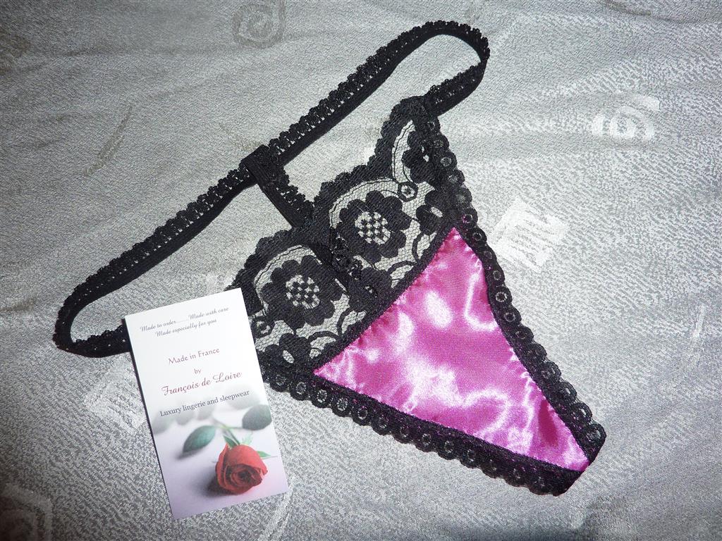 Hot pink & black satin and lace G string